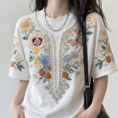Pearl & Floral Short Sleeve Top