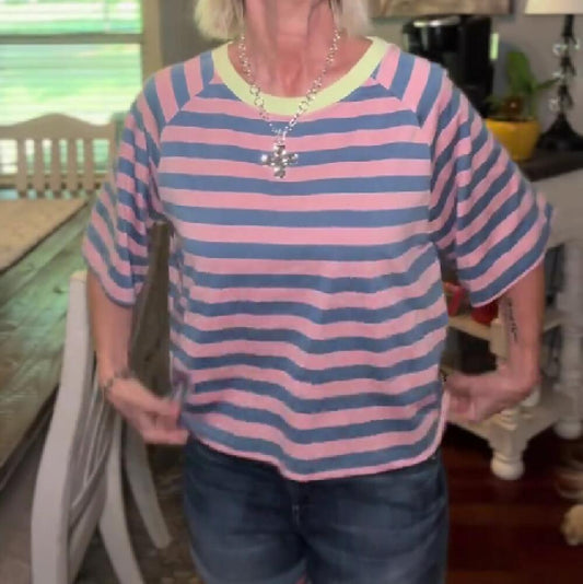 Striped Color Block Round Neck Short Sleeve T-shirt