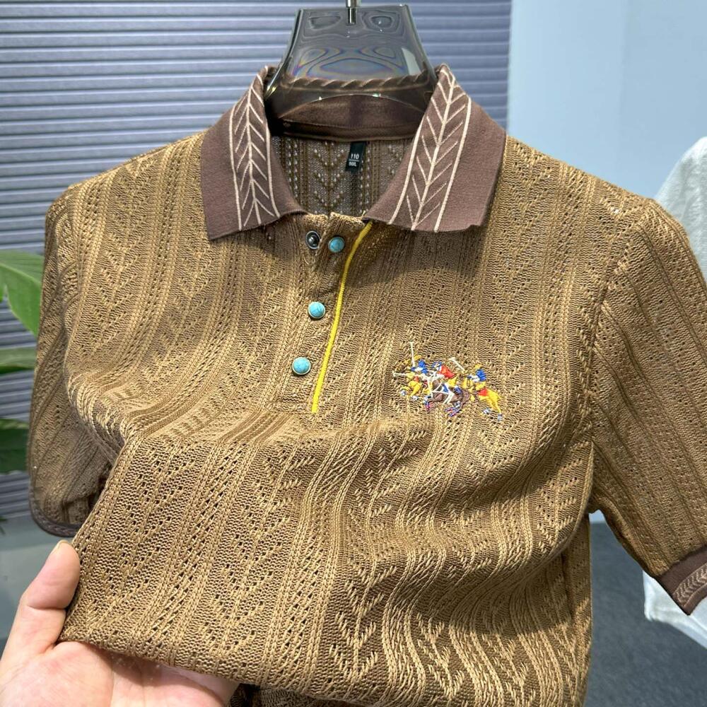 Hollow Out Jacquard Embroidered Knit Polo Shirt