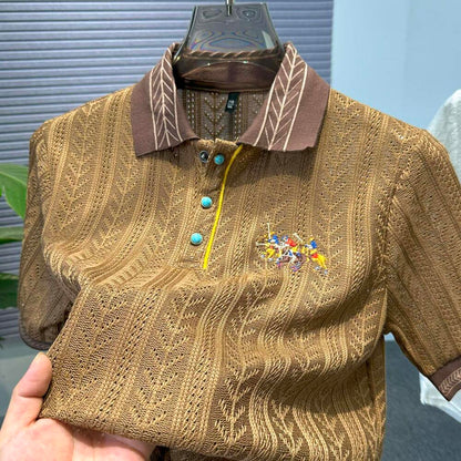 Hollow Out Jacquard Embroidered Knit Polo Shirt