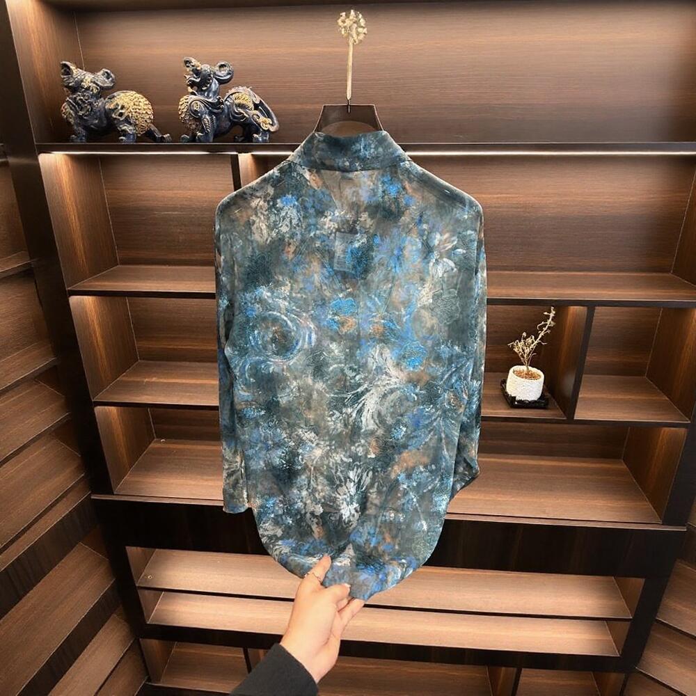 Blue Pattern Sheer Mesh Shirt