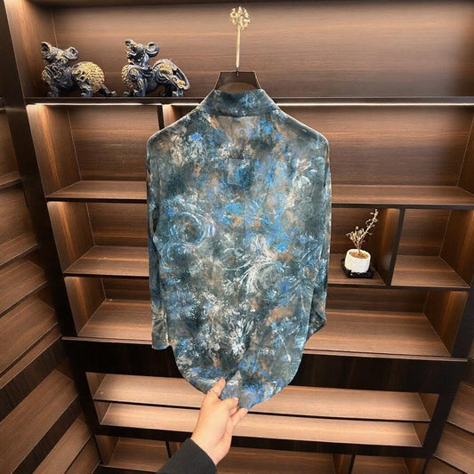 Blue Pattern Sheer Mesh Shirt