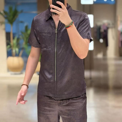 Zipper Acetate Short Sleeve + Solid Color Acetate Pants
