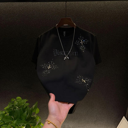 High-end cross-print short-sleeved shirt with embroidery and sequins