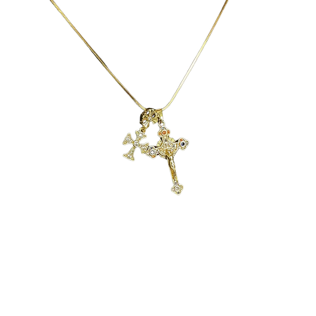 Double Cross Zircon Inlaid Handmade Necklace