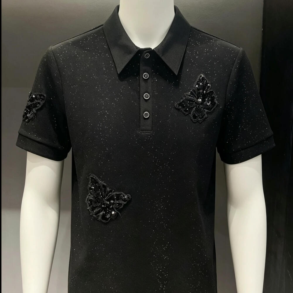 Butterfly Decor Rhinestone Polo Shirt
