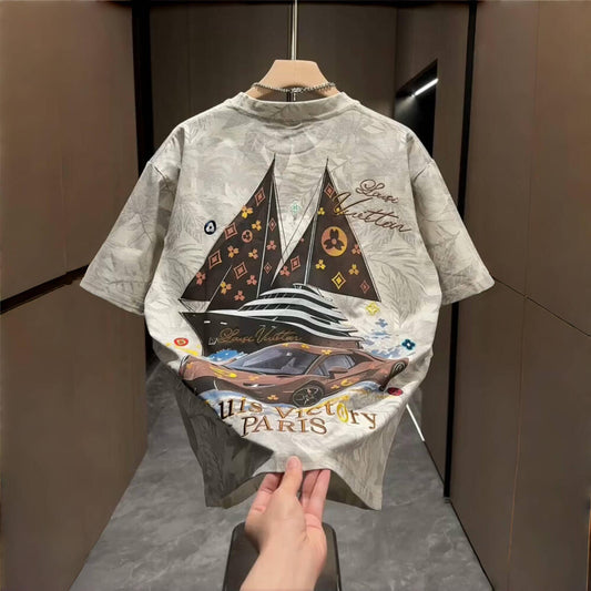 Yacht Luxury Car Print Embroidery T-Shirt