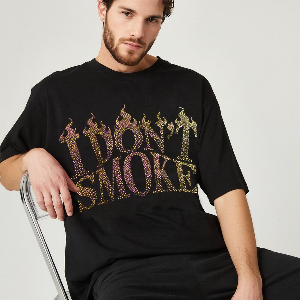 "I Don't Smoke" T-shirt studded with colorful rhinestones