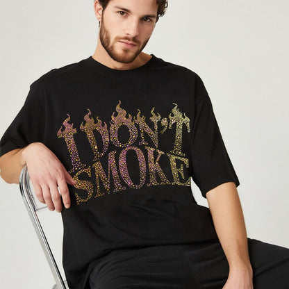 "I Don't Smoke" T-shirt studded with colorful rhinestones