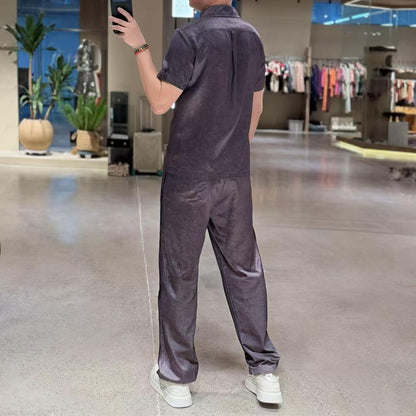 Zipper Acetate Short Sleeve + Solid Color Acetate Pants