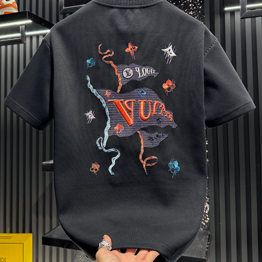 High-end embroidered round neck short-sleeved shirt
