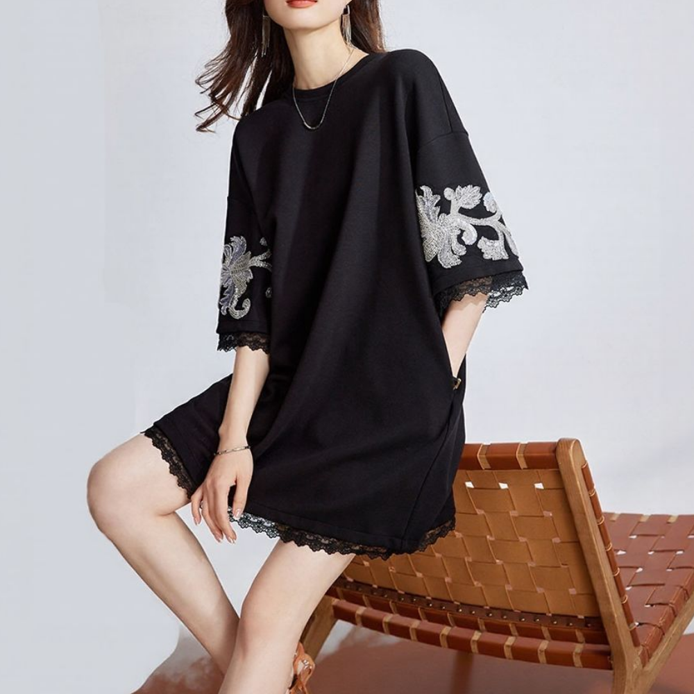 Lace Trim Sequin Short Sleeve Top