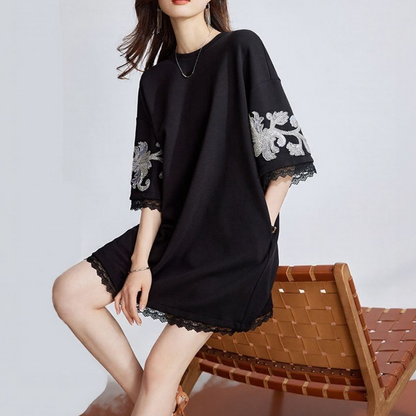 Lace Trim Sequin Short Sleeve Top
