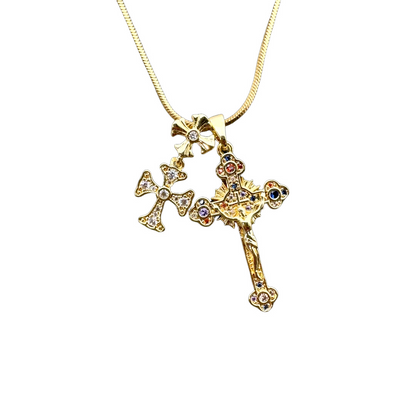 Double Cross Zircon Inlaid Handmade Necklace