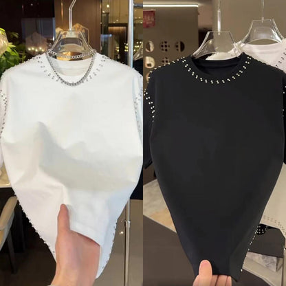 Solid color studded short-sleeved shirt