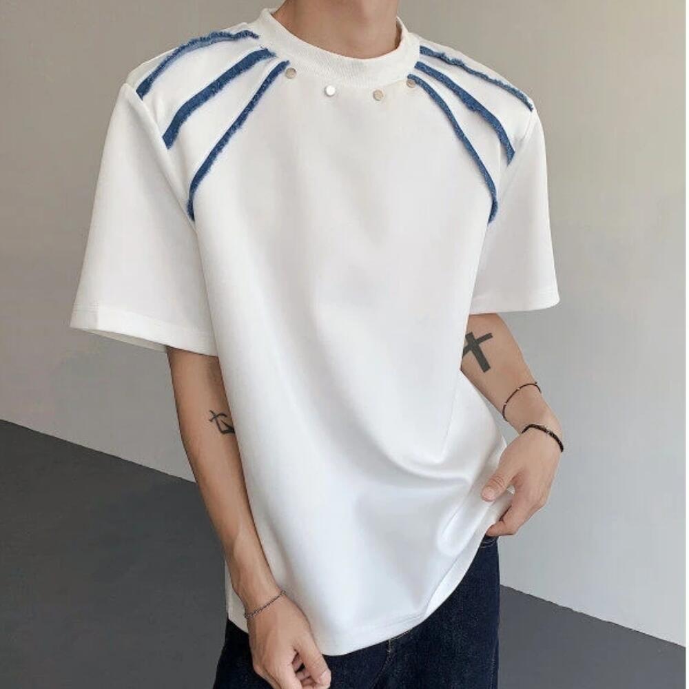 Denim fringed shoulder pad studded short-sleeved shirt