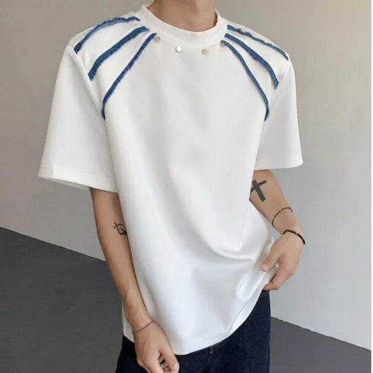 Denim fringed shoulder pad studded short-sleeved shirt