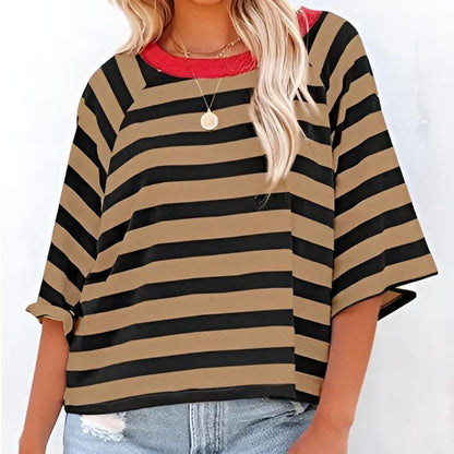 Striped Color Block Round Neck Short Sleeve T-shirt