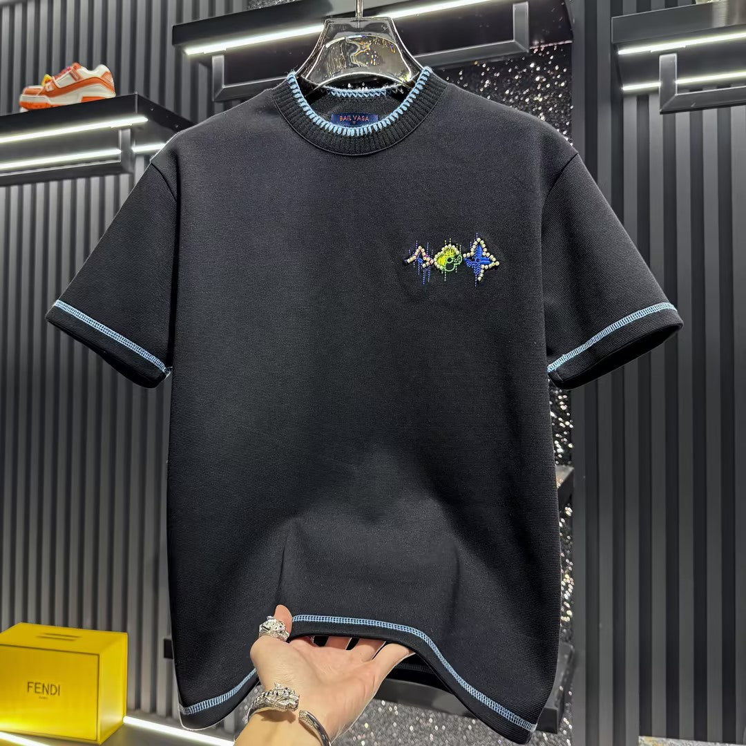 High-end embroidered round neck short-sleeved shirt