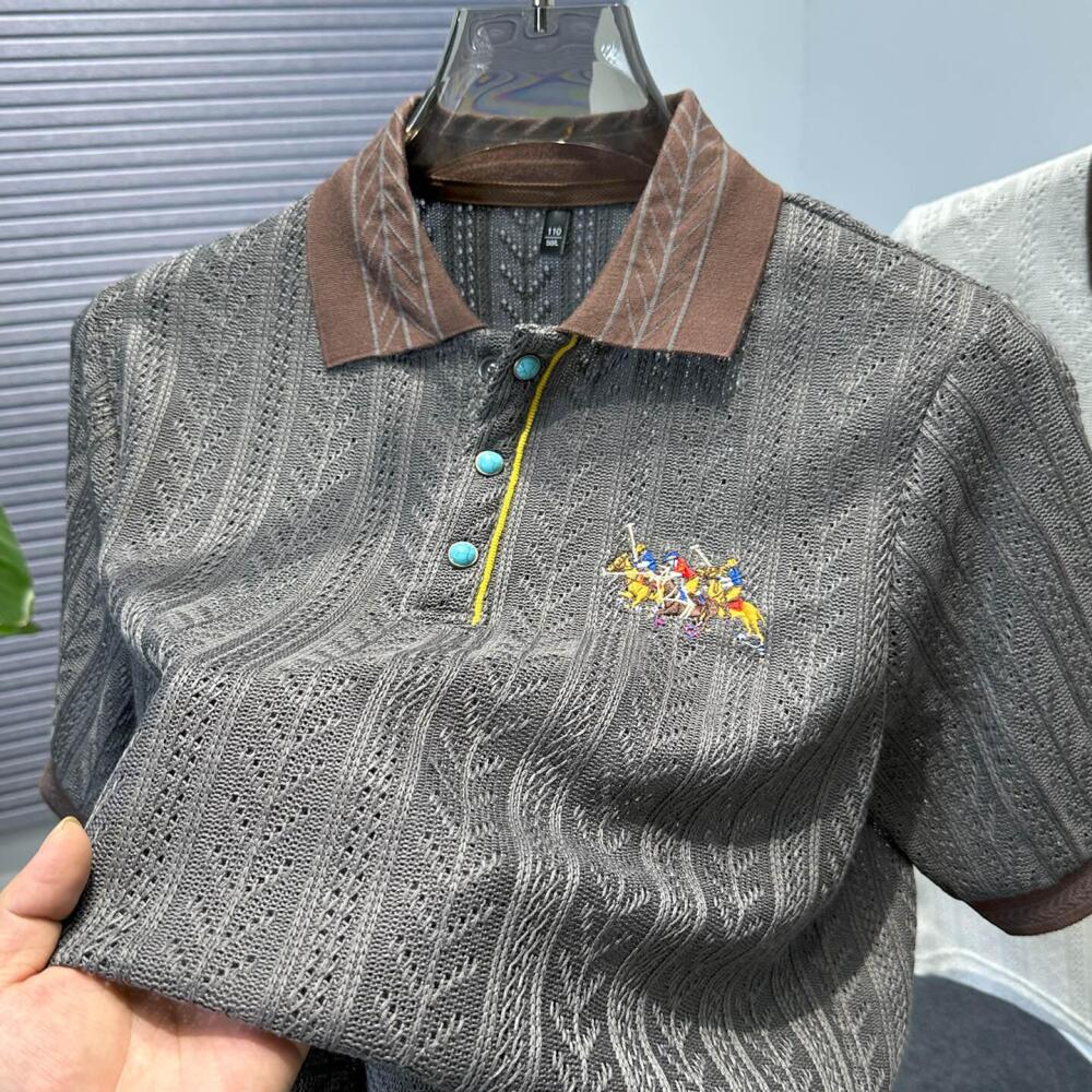 Hollow Out Jacquard Embroidered Knit Polo Shirt