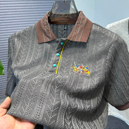 Hollow Out Jacquard Embroidered Knit Polo Shirt