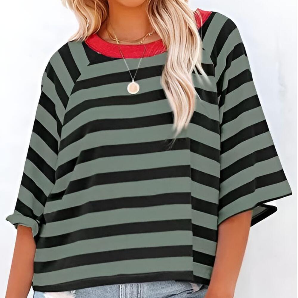 Striped Color Block Round Neck Short Sleeve T-shirt