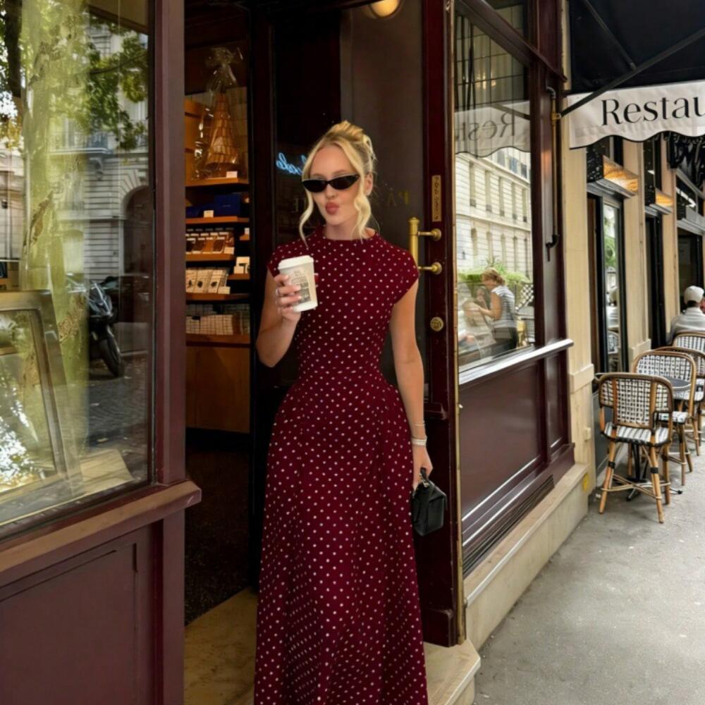Slimming Crew Neck Sleeveless Polka Dot Print Dress