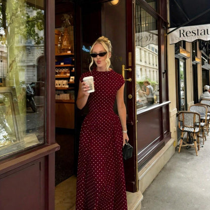 Slimming Crew Neck Sleeveless Polka Dot Print Dress