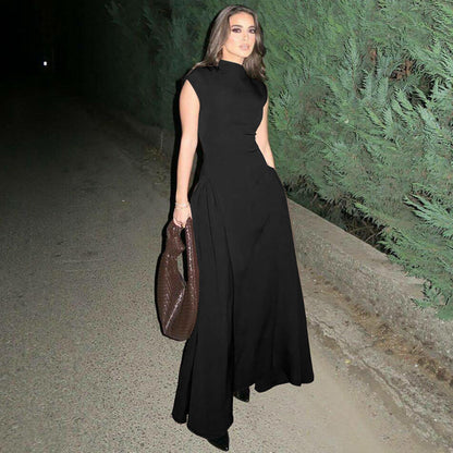 High Waist Slim Fit Irregular Hem Flowy Maxi Dress