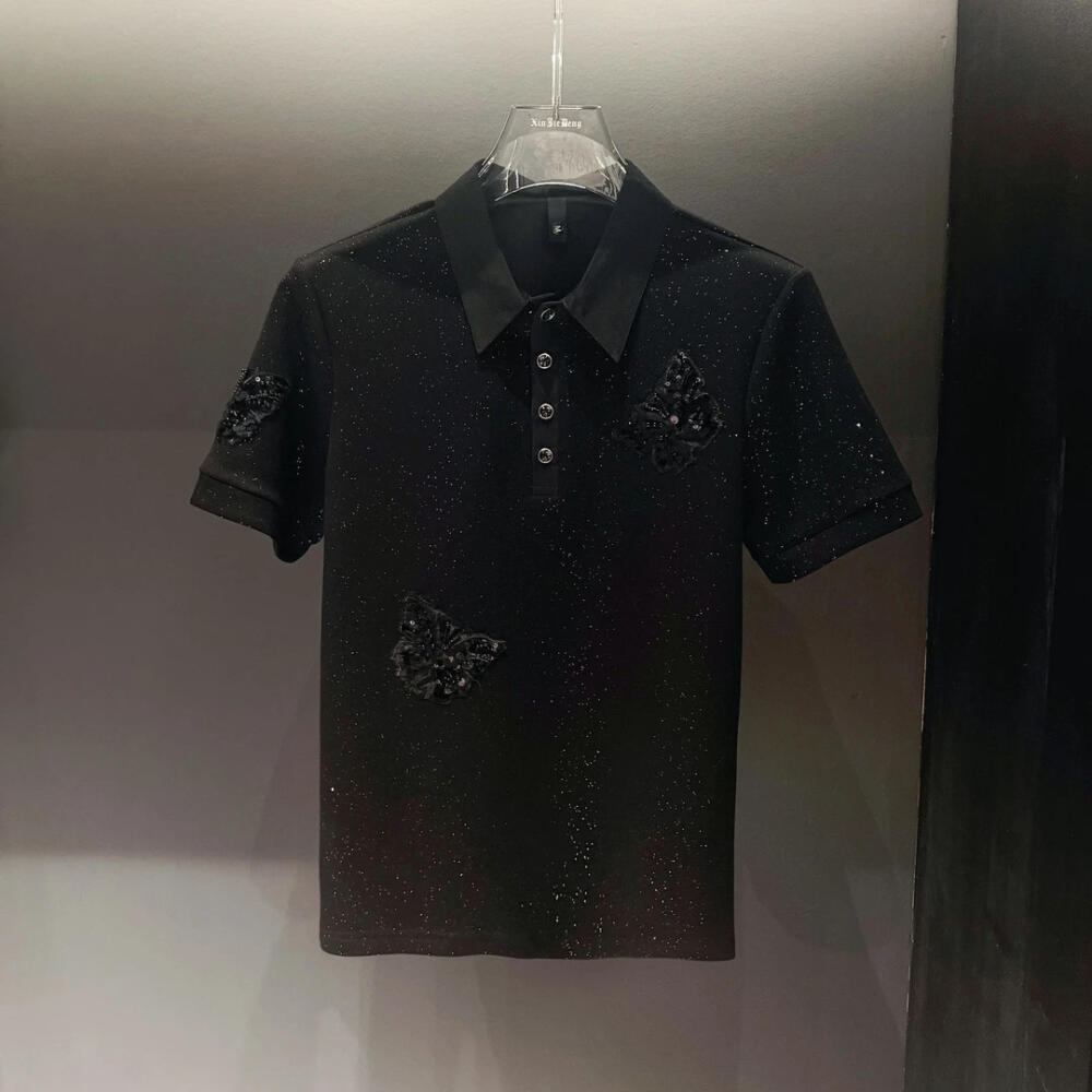 Butterfly Decor Rhinestone Polo Shirt
