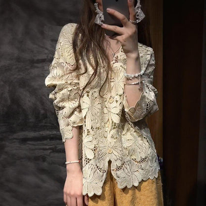 Apricot Hollow Out Crochet V-Neck Cardigan